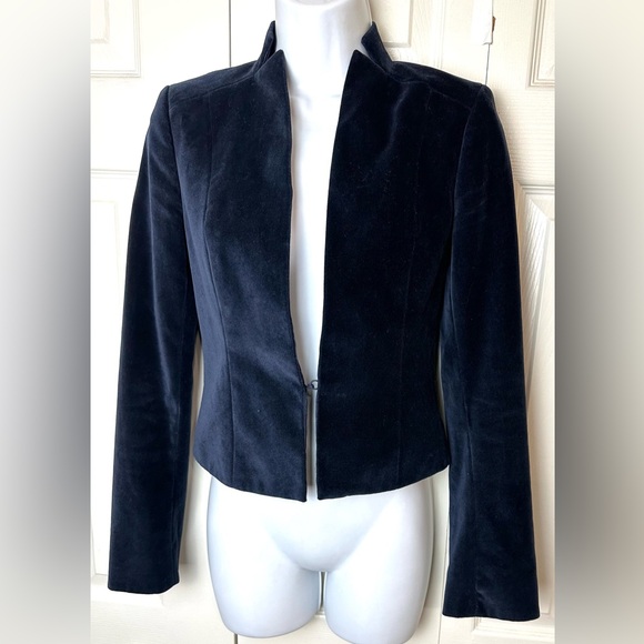 CLUB MONACO Blue Velvet Blazer Jacket Coat Navy Cropped Notch Stand Up Collar - Picture 2 of 14